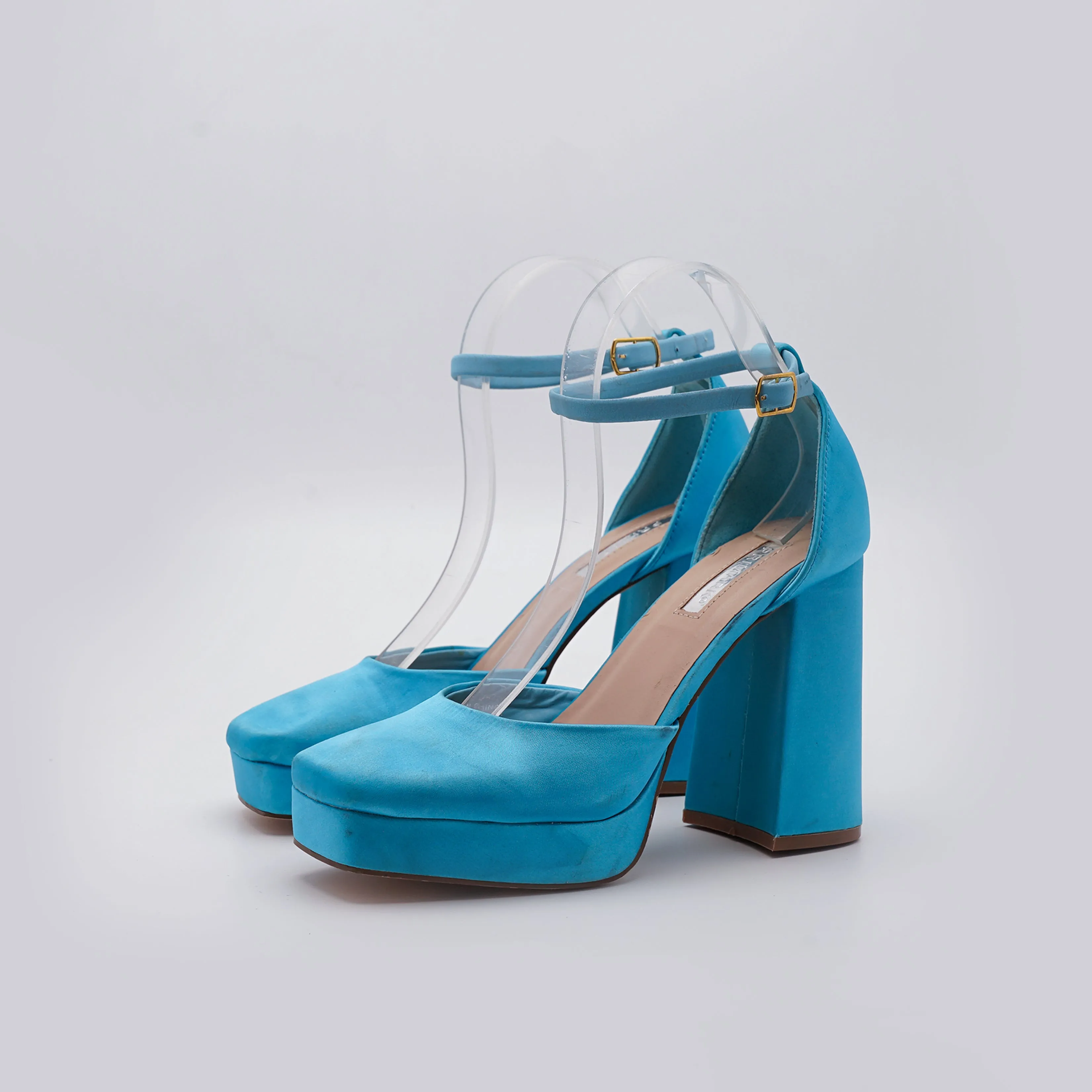 Blue Satin Square Toe Block Heel Ankle Strap Pumps
