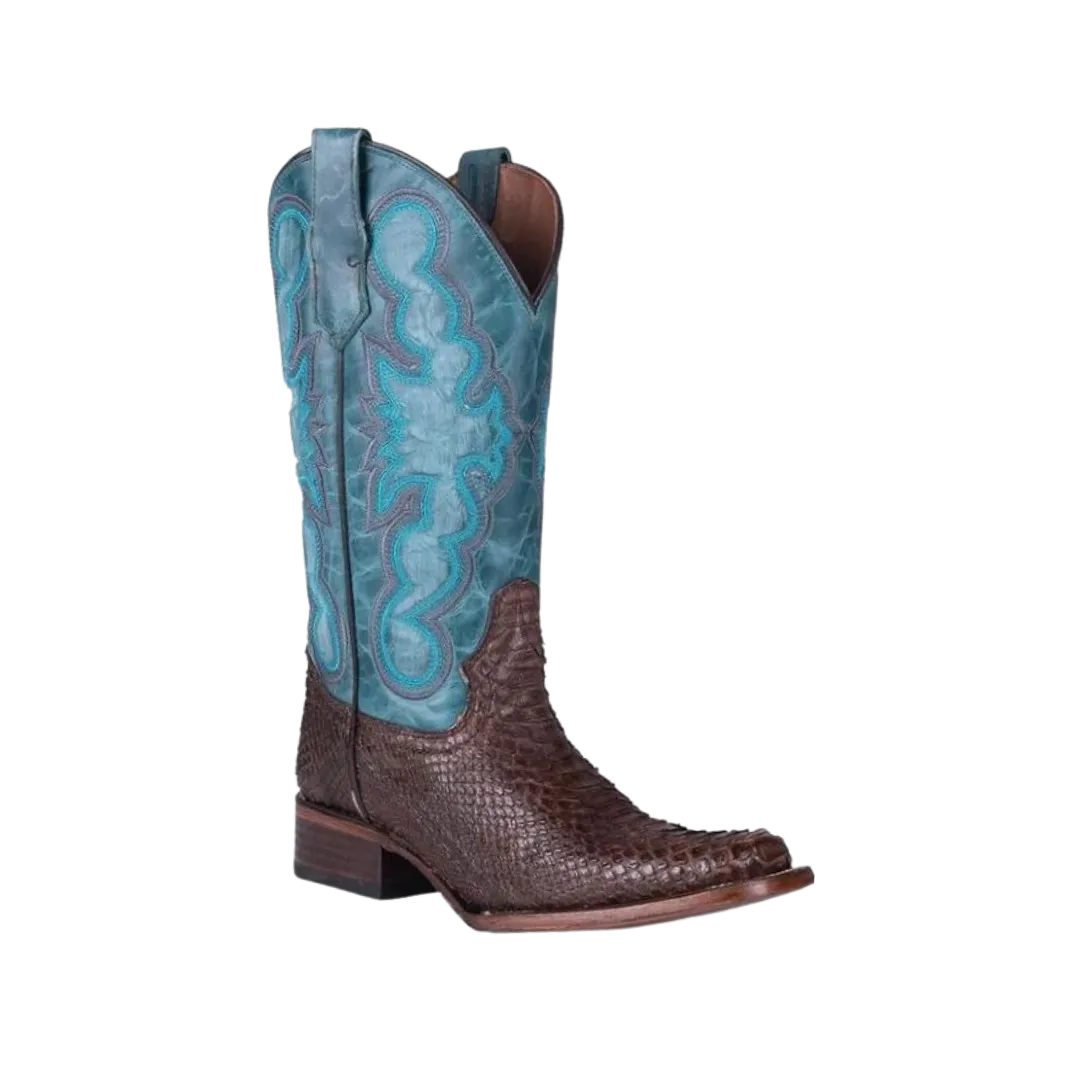 Corral Circle G Women's Python Embroidery Square Toe Chocolate Blue Boots