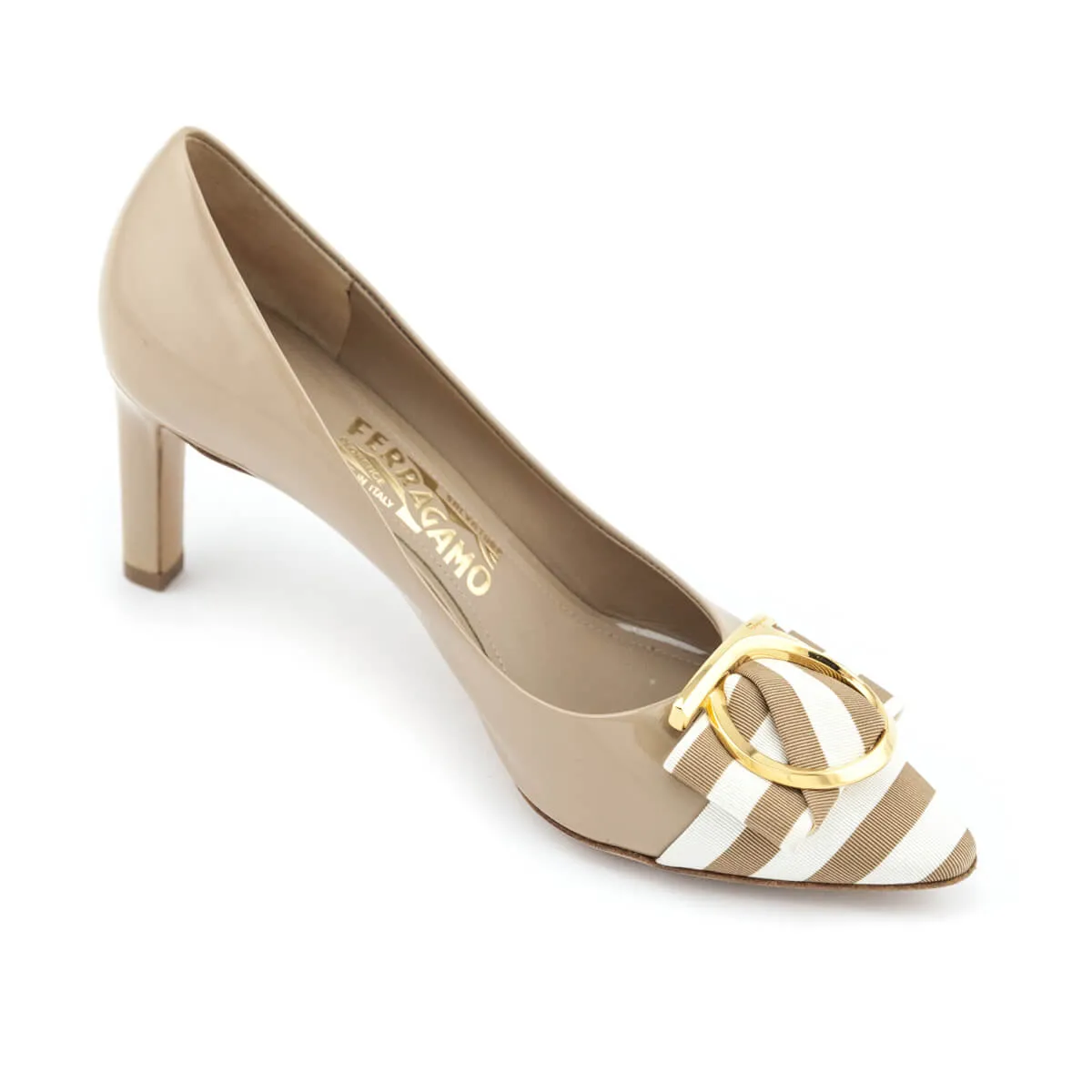 Ferragamo Beige Patent Striped Cap Toe Ezia Pumps Size US 7 | EU 37