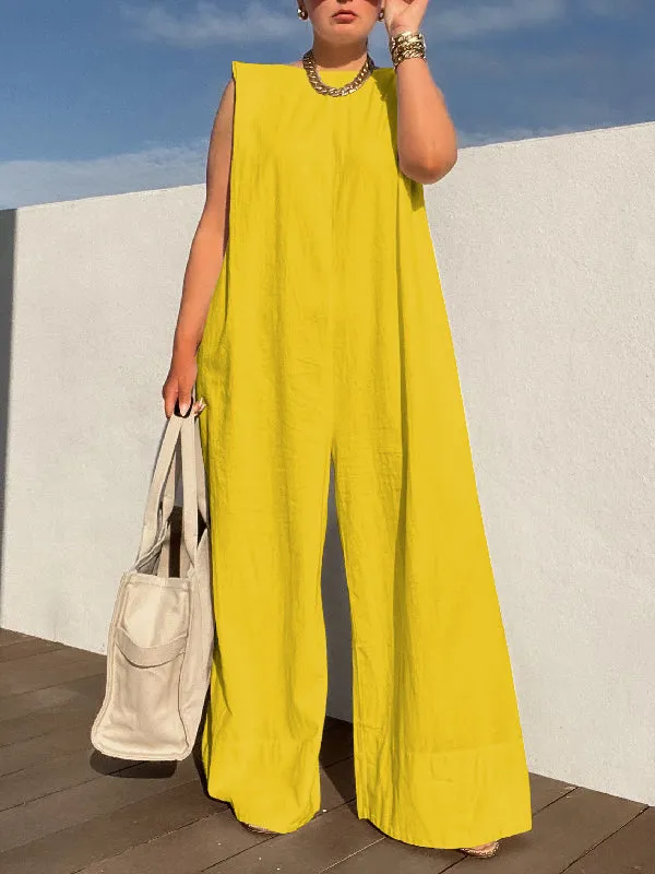 Wenkouban-Christmas Thanksgiving Sleeveless Wide Leg Shoulder Pad Solid Color Jumpsuits