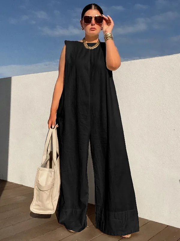 Wenkouban-Christmas Thanksgiving Sleeveless Wide Leg Shoulder Pad Solid Color Jumpsuits